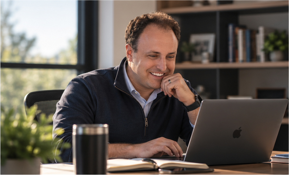 Andrew working at his laptop, smiling over a notebook and coffee